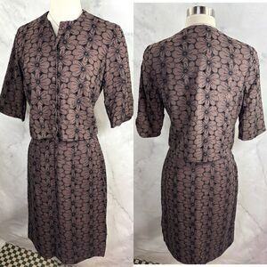 VTG 50s Union Label Floral Skirt Suit Set Brown Black MCM Wiggle Mad Max S 1950s